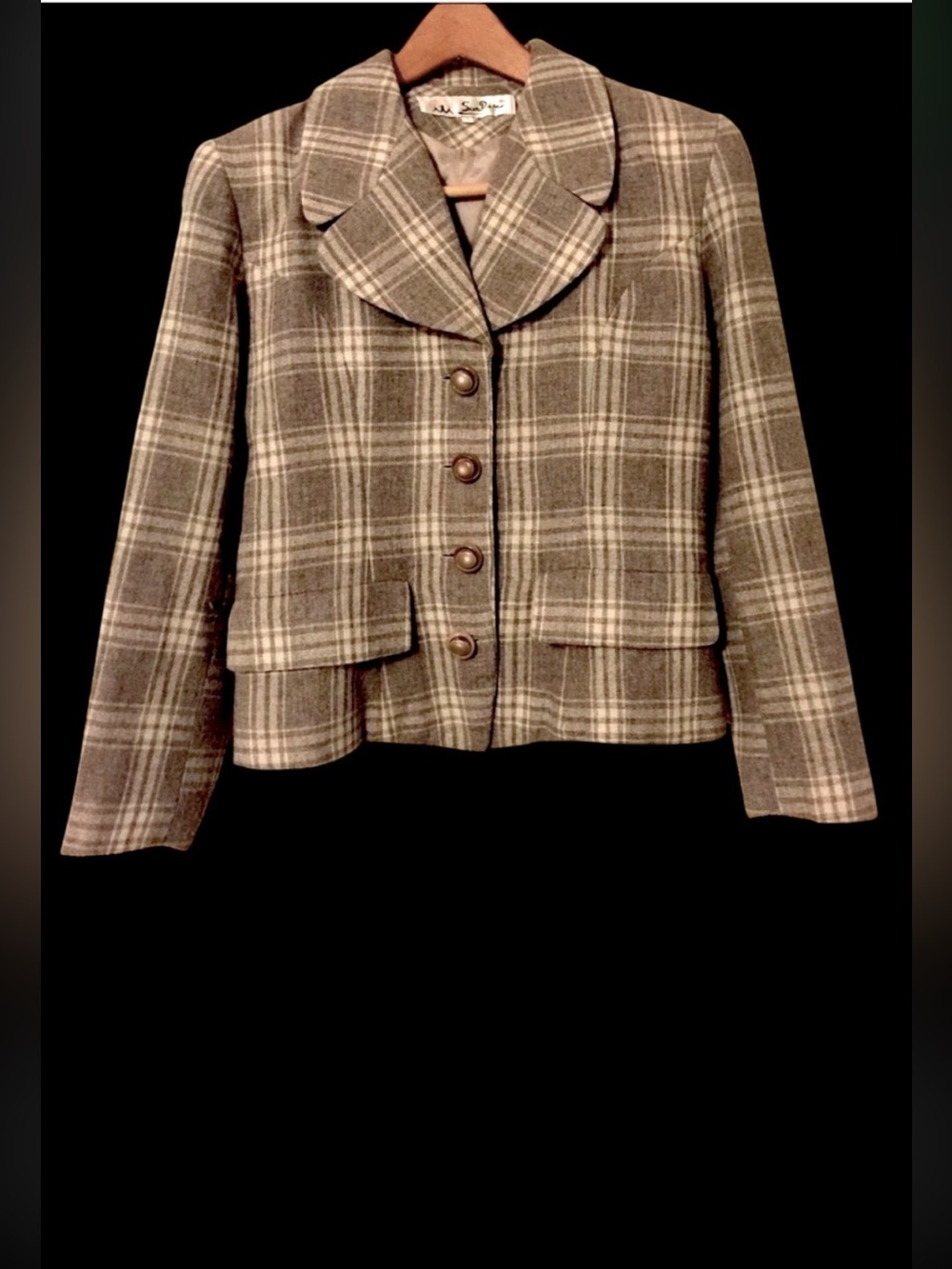 Vintage Sunrise Womens Fitted Cropped Tan Beige Plaid Fitted Blazer Jacket 7